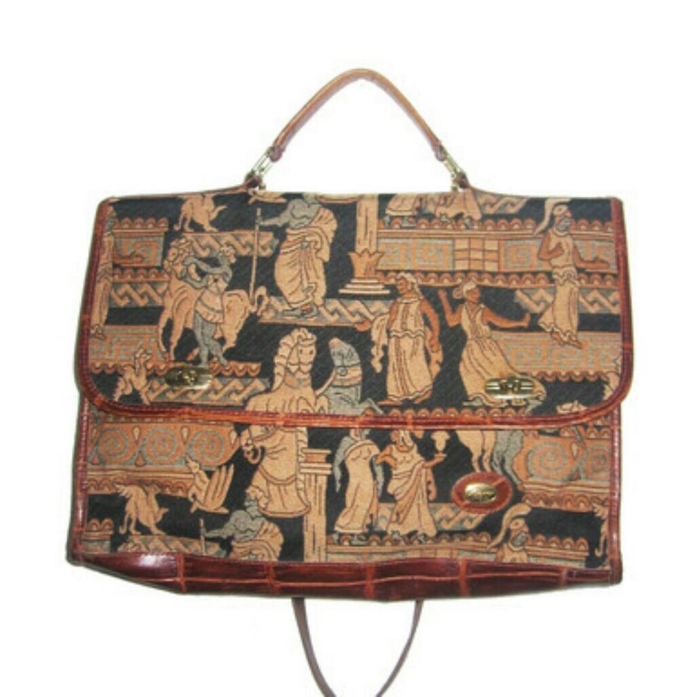 Vintage ItalianTapestry Leather Tote Handbag